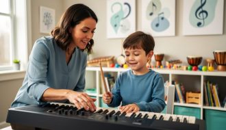 “A music therapist helps a child play instruments in a calm therapy room, suggesting music therapy for anxiety and depression.”