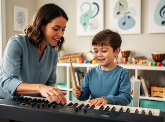 “A music therapist helps a child play instruments in a calm therapy room, suggesting music therapy for anxiety and depression.”