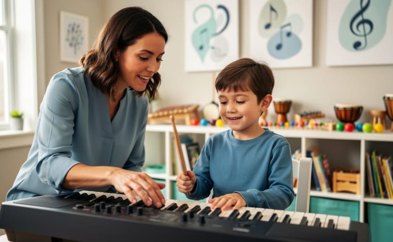“A music therapist helps a child play instruments in a calm therapy room, suggesting music therapy for anxiety and depression.”