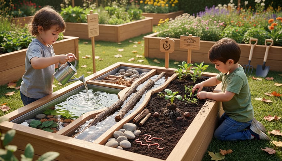 A child pouring water into a small trough in a schoolyard nature garden near logs and planting beds.