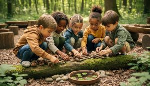 Children crouch in a woodland outdoor classroom using sticks, pinecones, stones, and a small water tray for open-ended play.