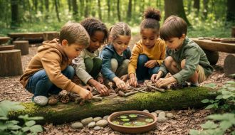 Children crouch in a woodland outdoor classroom using sticks, pinecones, stones, and a small water tray for open-ended play.