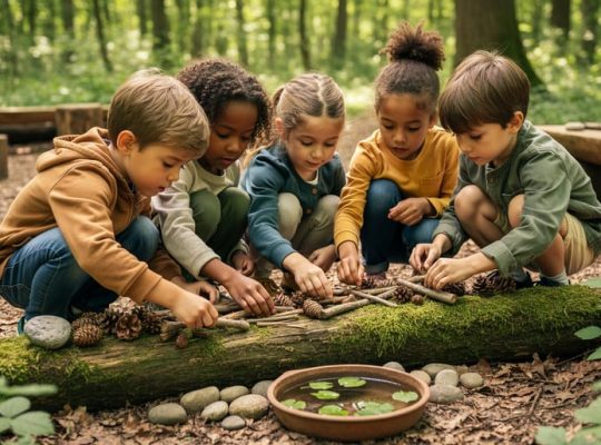 Children crouch in a woodland outdoor classroom using sticks, pinecones, stones, and a small water tray for open-ended play.