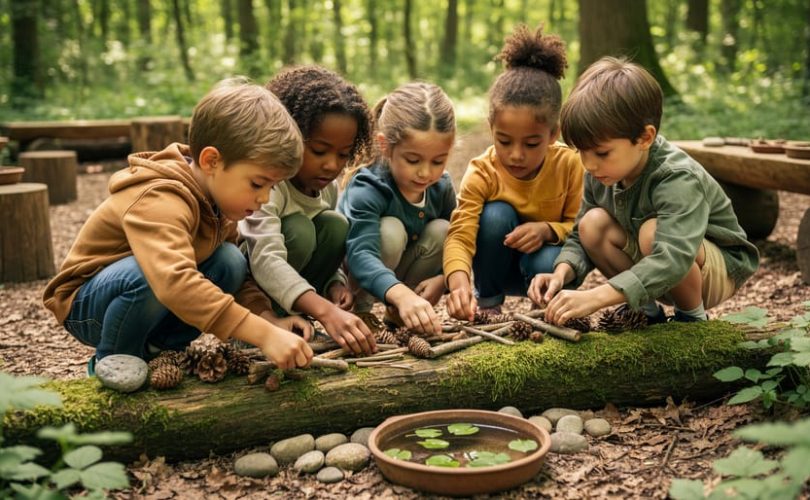 Children crouch in a woodland outdoor classroom using sticks, pinecones, stones, and a small water tray for open-ended play.