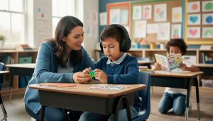Teacher and students in a bright classroom, showing inclusive support such as sensory tools and a calm learning environment for neurodivergent learners.