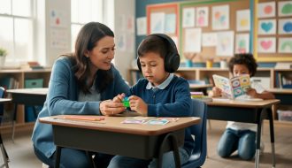 Teacher and students in a bright classroom, showing inclusive support such as sensory tools and a calm learning environment for neurodivergent learners.