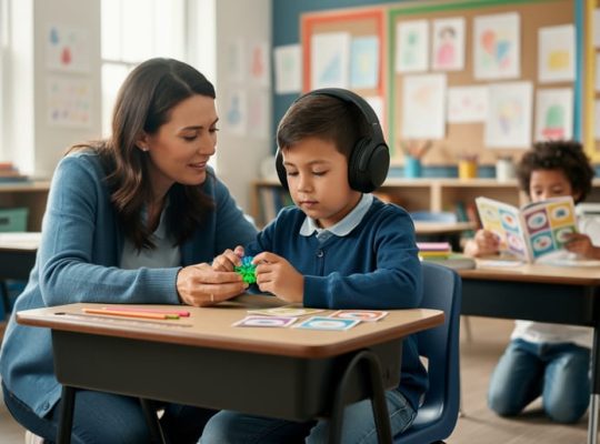 Teacher and students in a bright classroom, showing inclusive support such as sensory tools and a calm learning environment for neurodivergent learners.