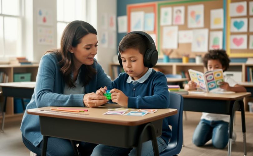 Teacher and students in a bright classroom, showing inclusive support such as sensory tools and a calm learning environment for neurodivergent learners.