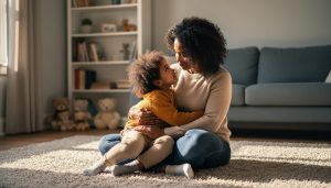 Parent and child sitting together in a cozy living room, showing a calm, supportive bond associated with emotional needs being met.