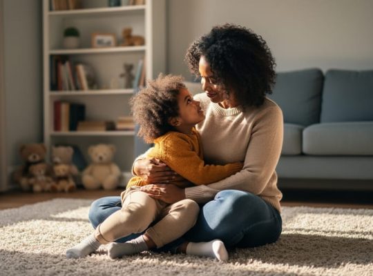 Parent and child sitting together in a cozy living room, showing a calm, supportive bond associated with emotional needs being met.