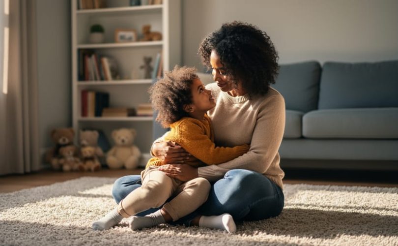 Parent and child sitting together in a cozy living room, showing a calm, supportive bond associated with emotional needs being met.