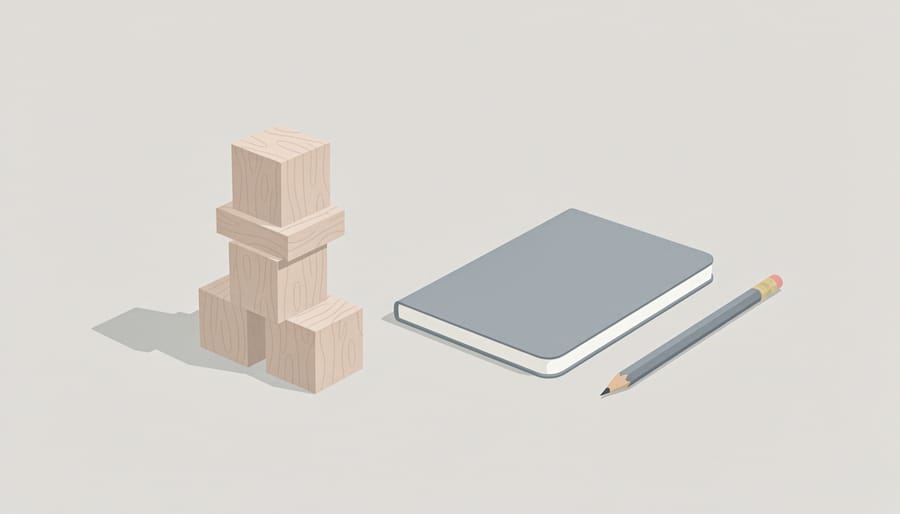 Colorful building blocks and a notebook on a table next to a phone placed face-down.
