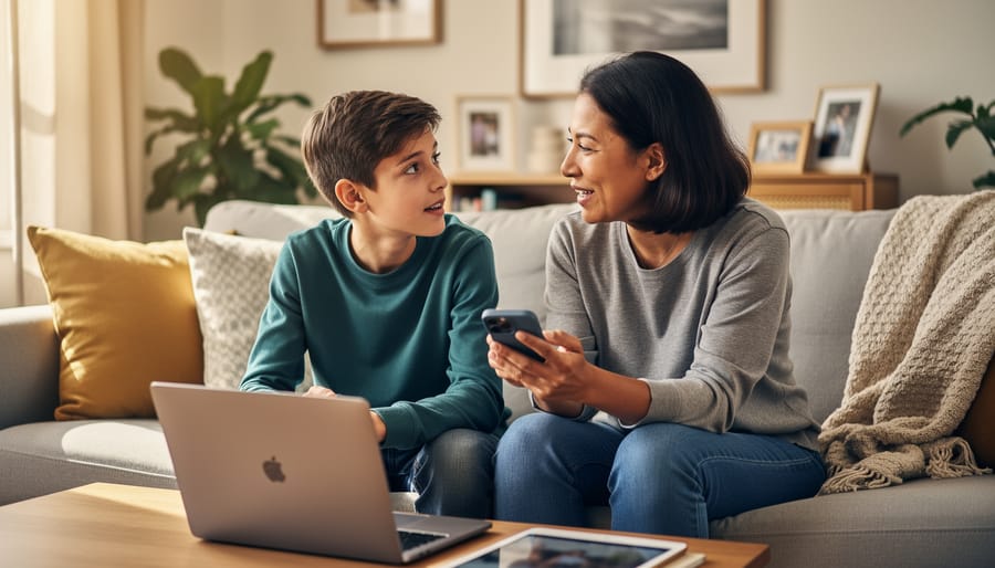 Parent and child sitting together at home while the parent listens, creating space for open conversation about the child’s online experiences.