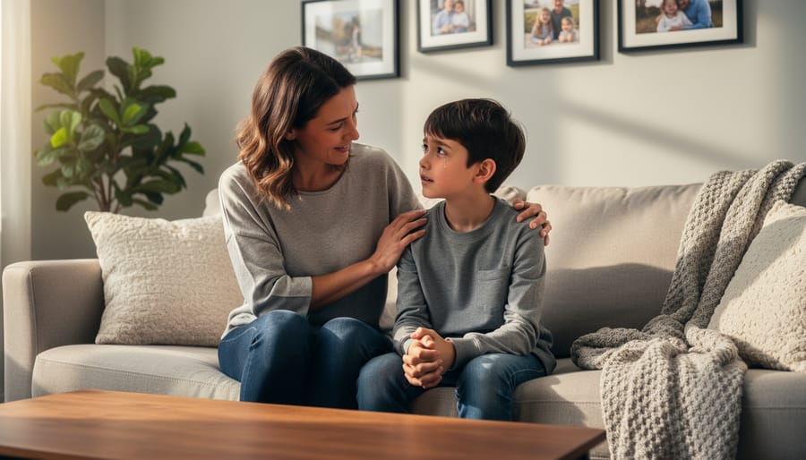 Parent and child share a calm, reassuring moment in a softly lit living room.