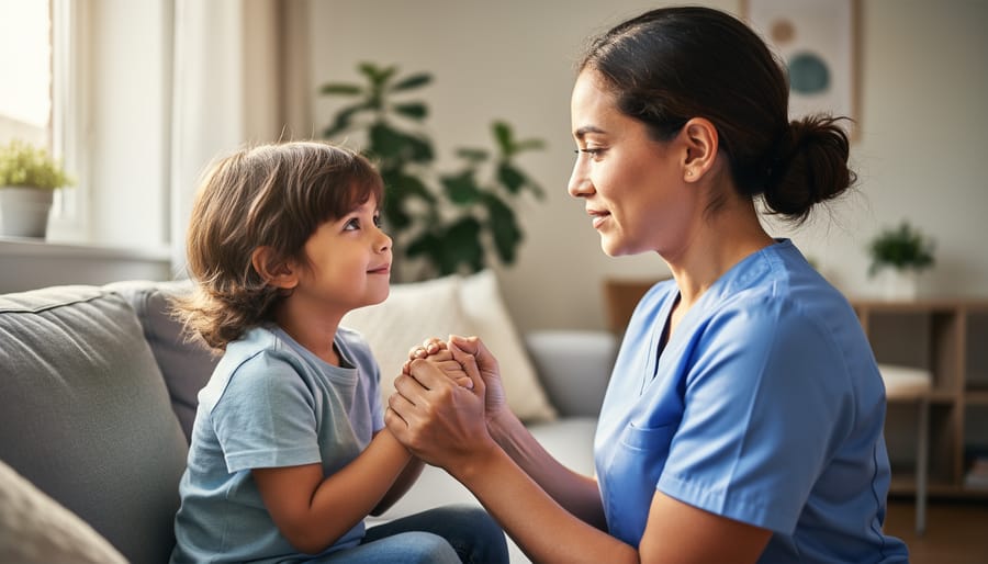 A parent and young child sit closely on the floor in a warm, calm living room setting.