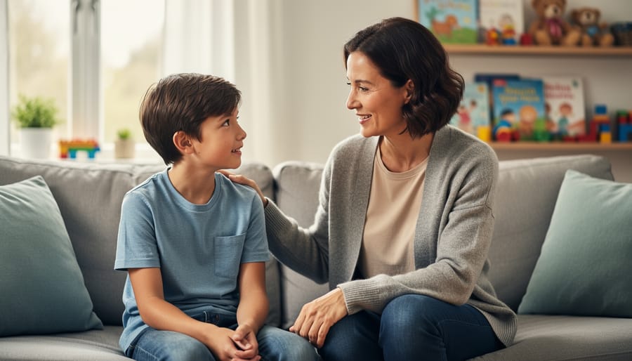 Parent and child having a quiet, supportive conversation on a couch with attentive eye contact