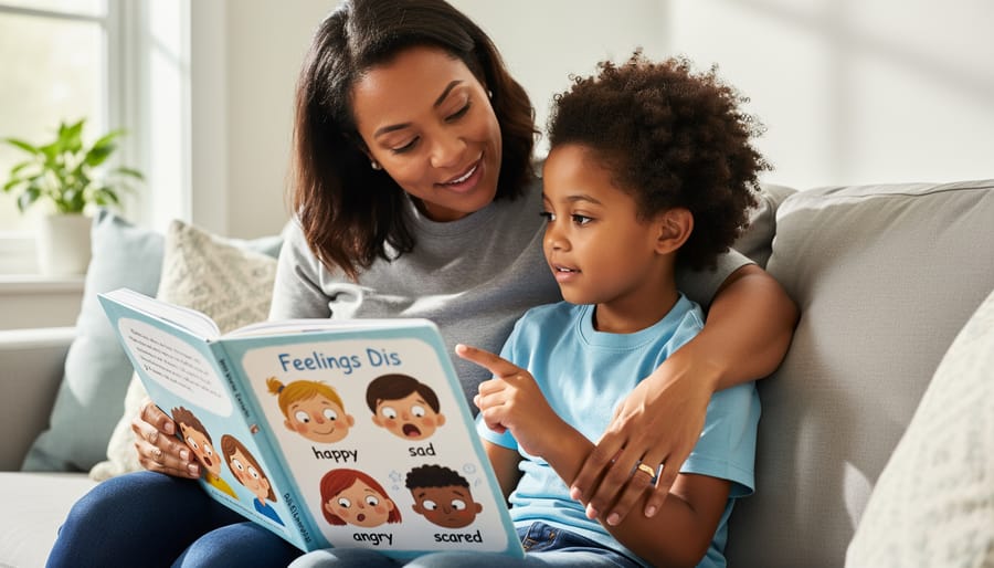Parent and child sitting together on a sofa while looking at a feelings picture book in a calm home setting.