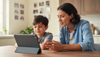 A parent and child sit at a kitchen table looking at a tablet together, suggesting supportive guidance for safer online behavior and cyberbullying prevention.