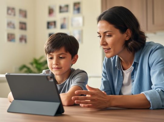 A parent and child sit at a kitchen table looking at a tablet together, suggesting supportive guidance for safer online behavior and cyberbullying prevention.