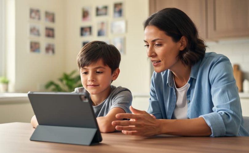 A parent and child sit at a kitchen table looking at a tablet together, suggesting supportive guidance for safer online behavior and cyberbullying prevention.