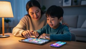 Parent and child using a smartphone and tablet together at a table, suggesting supportive apps for communication and learning.