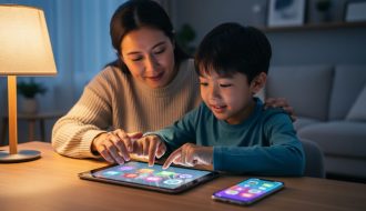 Parent and child using a smartphone and tablet together at a table, suggesting supportive apps for communication and learning.