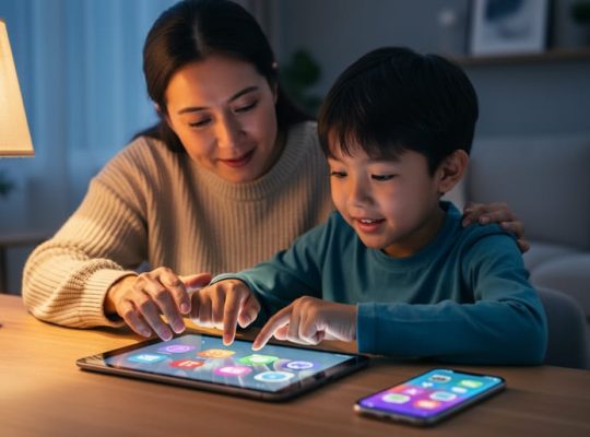 Parent and child using a smartphone and tablet together at a table, suggesting supportive apps for communication and learning.