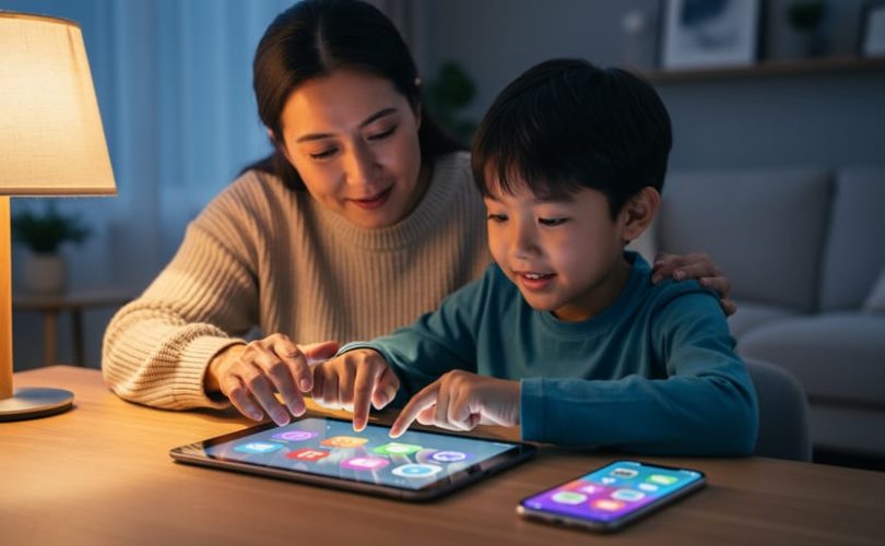 Parent and child using a smartphone and tablet together at a table, suggesting supportive apps for communication and learning.