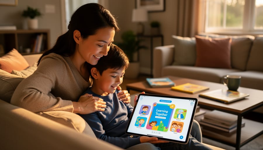 A parent and child sit together at a kitchen table using a tablet in a supportive home environment.