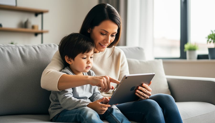 An adult gently helps a young child use a tablet at a table, suggesting co-viewing and support.