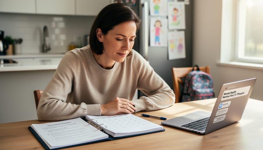Parent reviewing a child’s privacy-related paperwork while holding a tablet at a kitchen table.