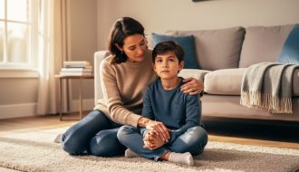 Parent comforting a child in a warm living room during a calm, reassuring moment that reflects parenting resilience.
