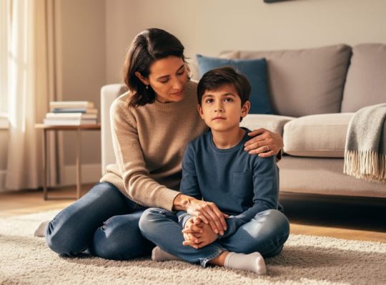 Parent comforting a child in a warm living room during a calm, reassuring moment that reflects parenting resilience.