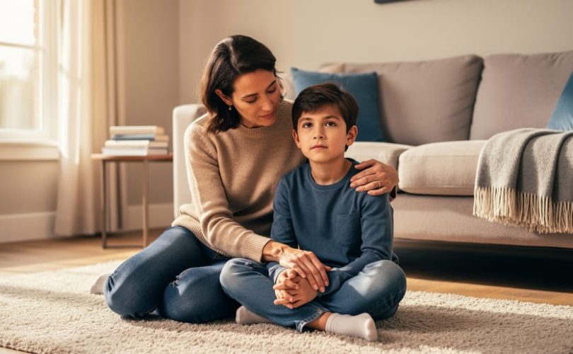 Parent comforting a child in a warm living room during a calm, reassuring moment that reflects parenting resilience.