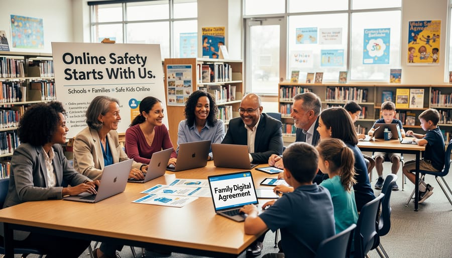 Parents and a teacher collaborating in a school meeting room to represent partnering on cyberbullying prevention.