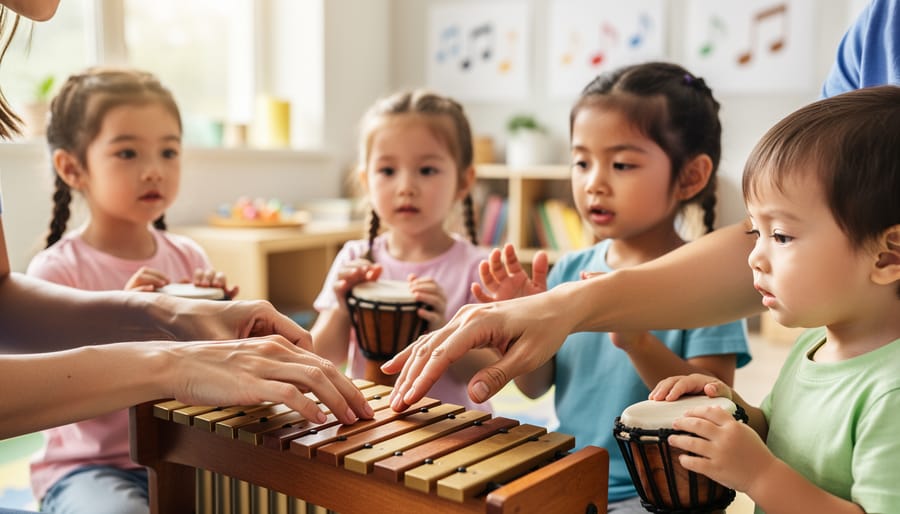 Close-up of hands playing piano keys during a music therapy session, with a blurred folder in the background.