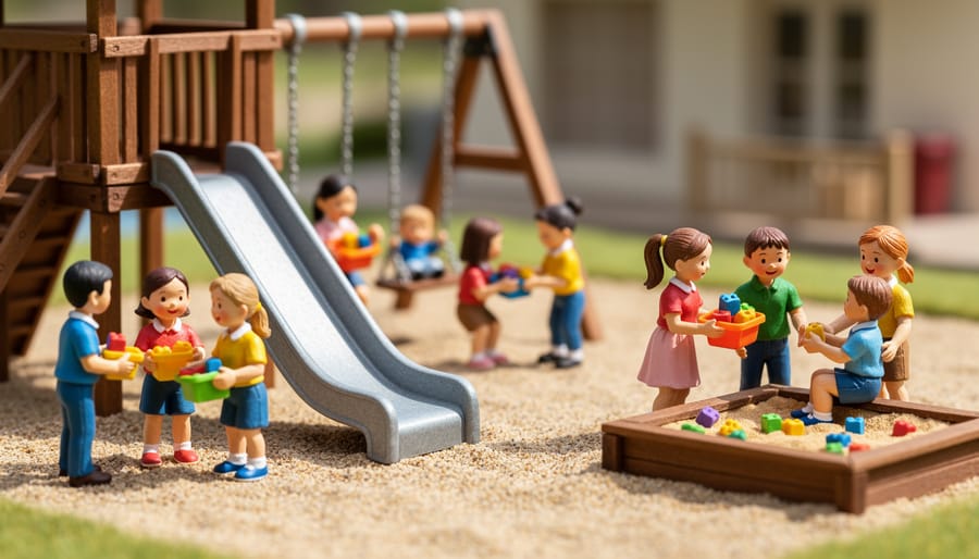 A child practices social interaction with toy figures on a miniature playground set in a counseling playroom.