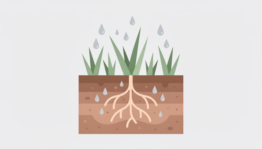 Close-up view of resilient grass and exposed roots in rain-soaked soil catching sunlight.