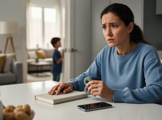 Parent at a kitchen table with a smartphone face-down and a child in the background, symbolizing responsible online casino play and mental health boundaries.