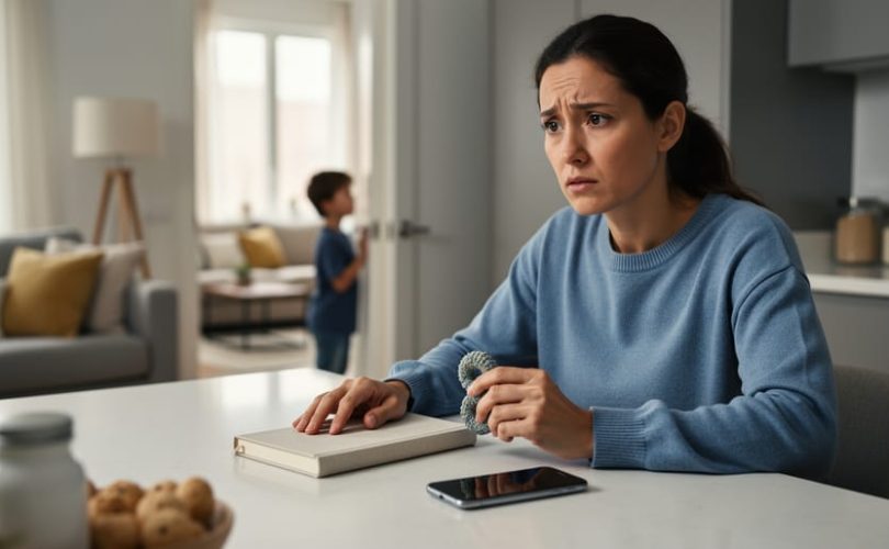Parent at a kitchen table with a smartphone face-down and a child in the background, symbolizing responsible online casino play and mental health boundaries.