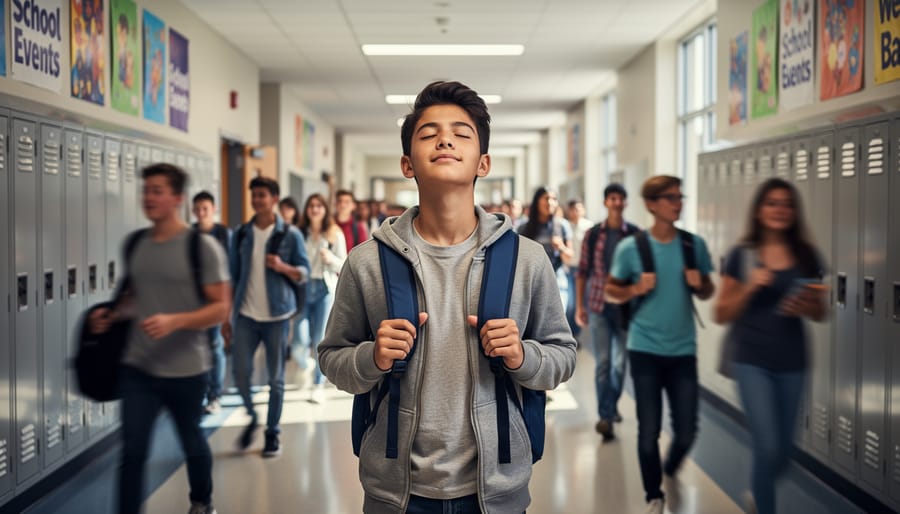 Teen standing in a school hallway with a thoughtful posture, illustrating pausing before reacting.