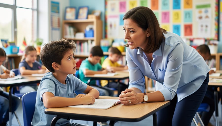 School counselor and teacher talking in a hallway near a bulletin board without readable text.