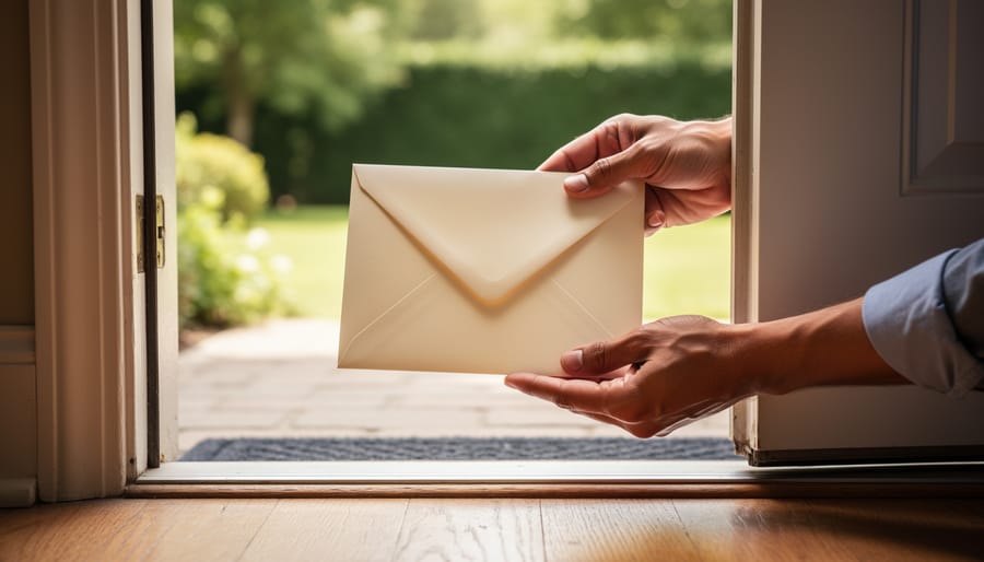 Caregiver holding a sealed envelope folder at the entrance to a consultation room.