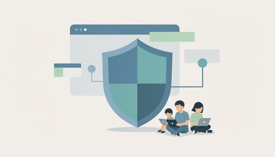 A translucent shield symbol placed beside a closed laptop and notebook, representing online safety and digital citizenship.