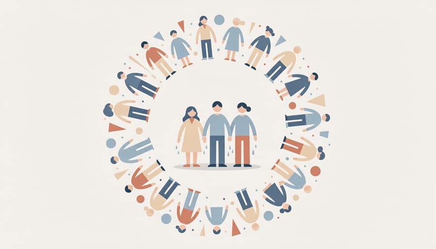 Adults gathered in a supportive circle in a community room, suggesting a parent support network.