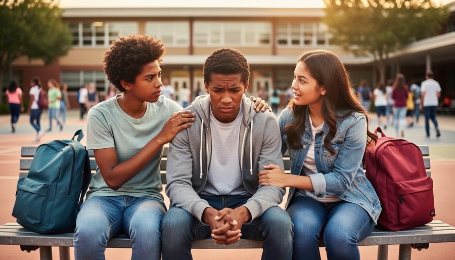 Teen receiving comfort from a friend with a supportive hand on the shoulder near school lockers.