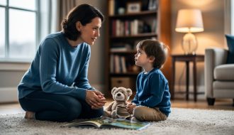 Parent and child sitting on a living-room floor facing each other calmly, suggesting supportive conversation about mental health.