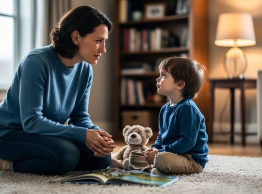 Parent and child sitting on a living-room floor facing each other calmly, suggesting supportive conversation about mental health.