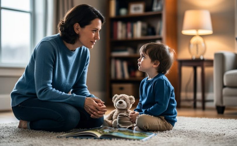 Parent and child sitting on a living-room floor facing each other calmly, suggesting supportive conversation about mental health.