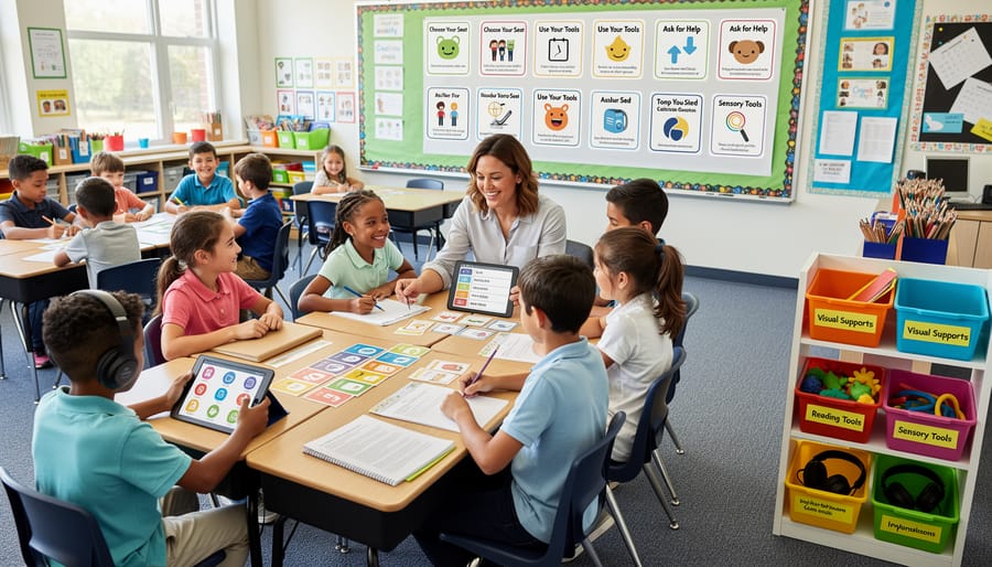 Teacher’s hands arranging adaptive classroom materials like fidget tools and visual supports on a desk.